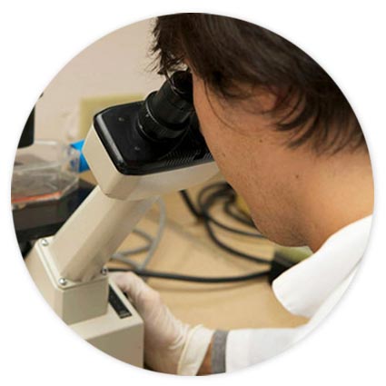 Scientist in lab coat looking into a microscope
